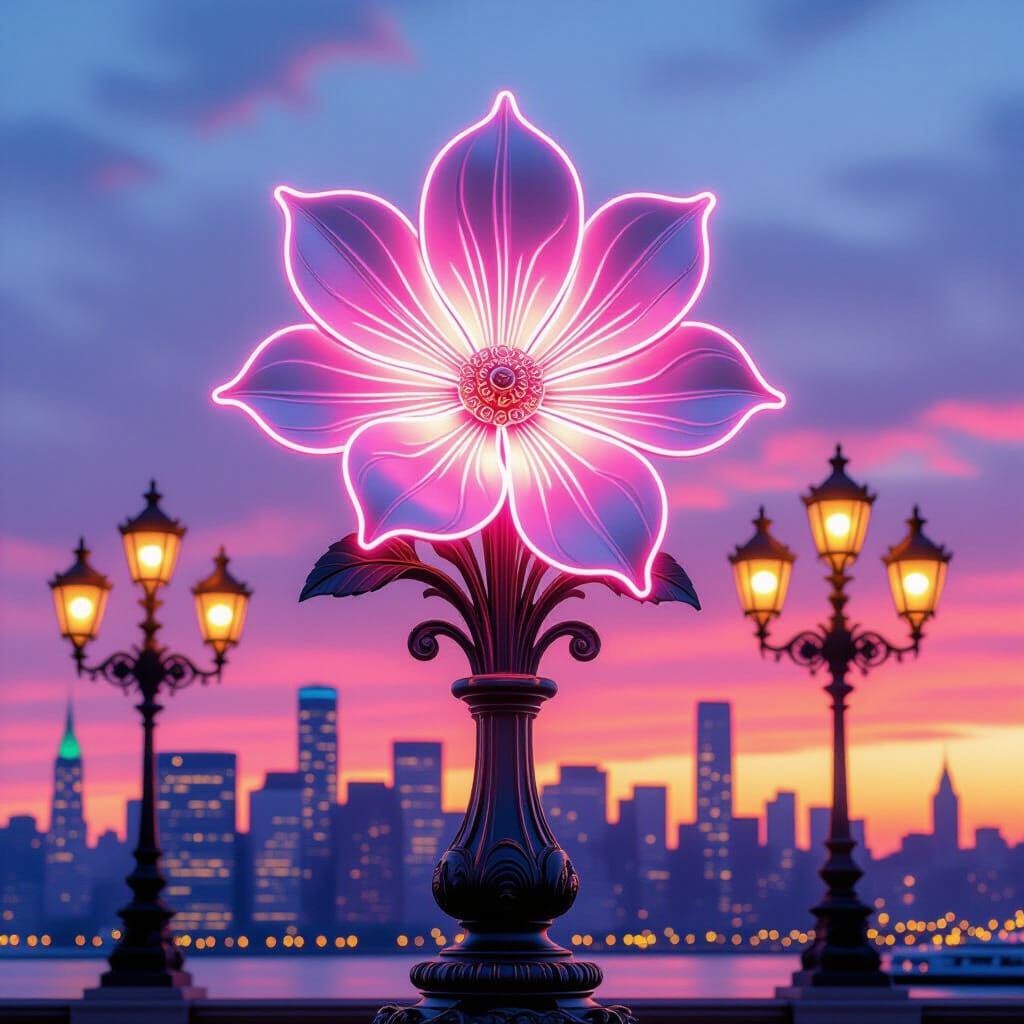 Neon Floral Relief with Baroque Cityscape at Sunset