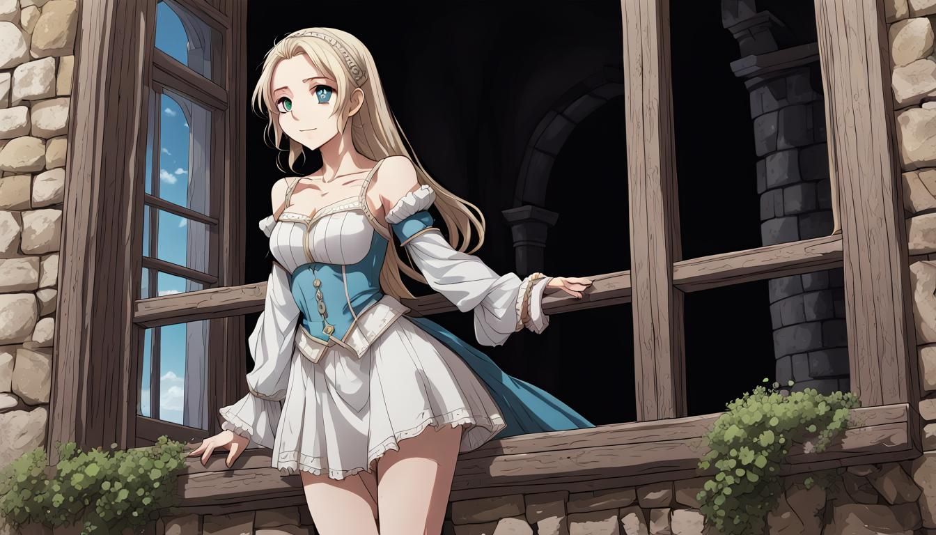 Juliet in Castle Window: Anime-Style Line Art