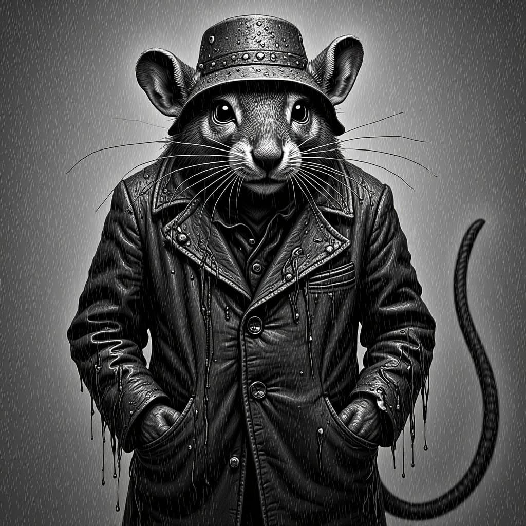 Drenched Mouse in Coat and Hat: Digital Art