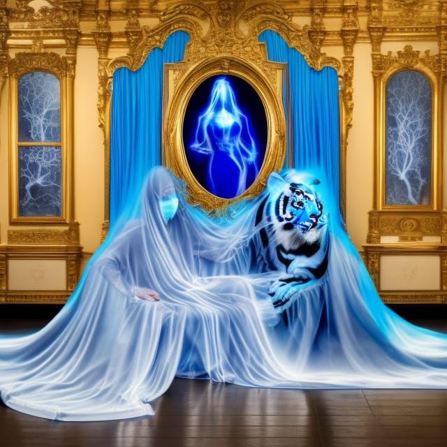 Ghostly Blue Tiger Phantom with Sorceress, Detailed Art