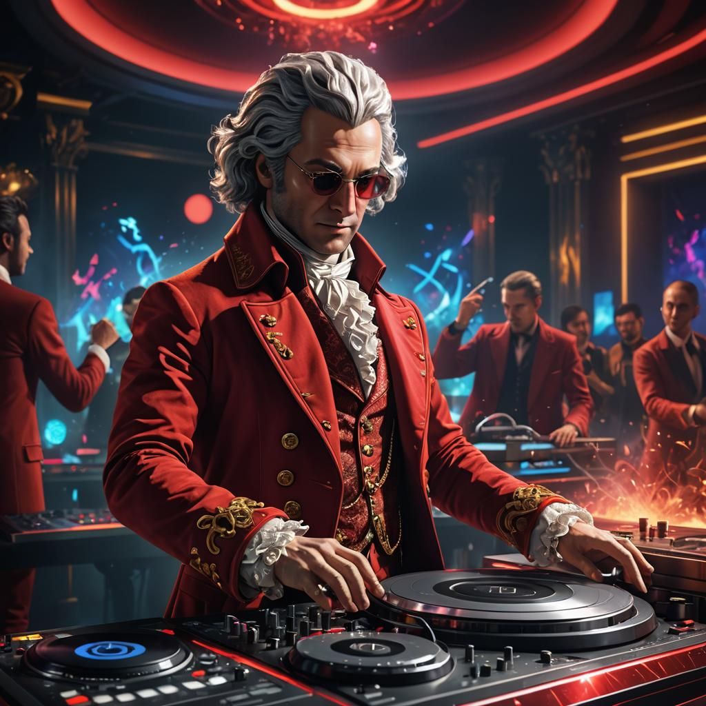 Mozart DJing in Nightclub: Detailed Fantasy Art