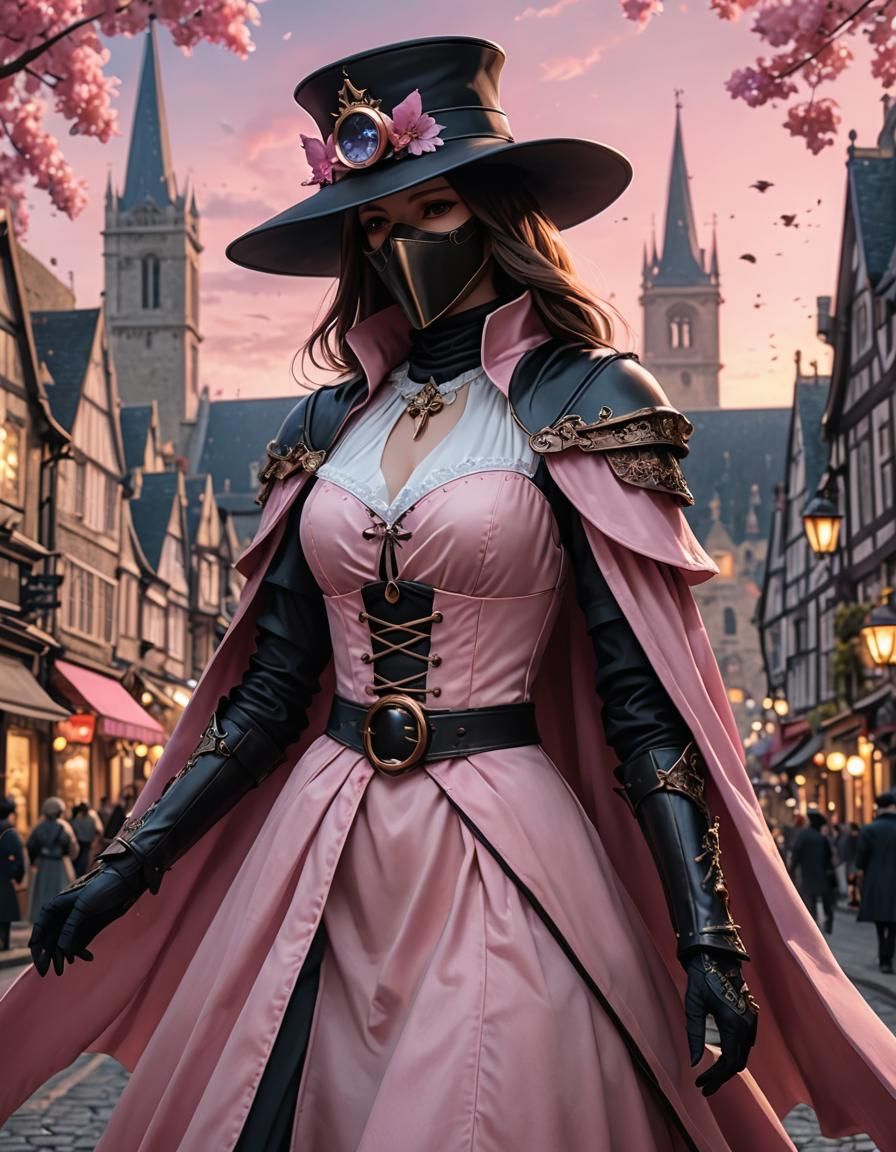 Angel in Pink Plague Doctor Dress, Anime Art