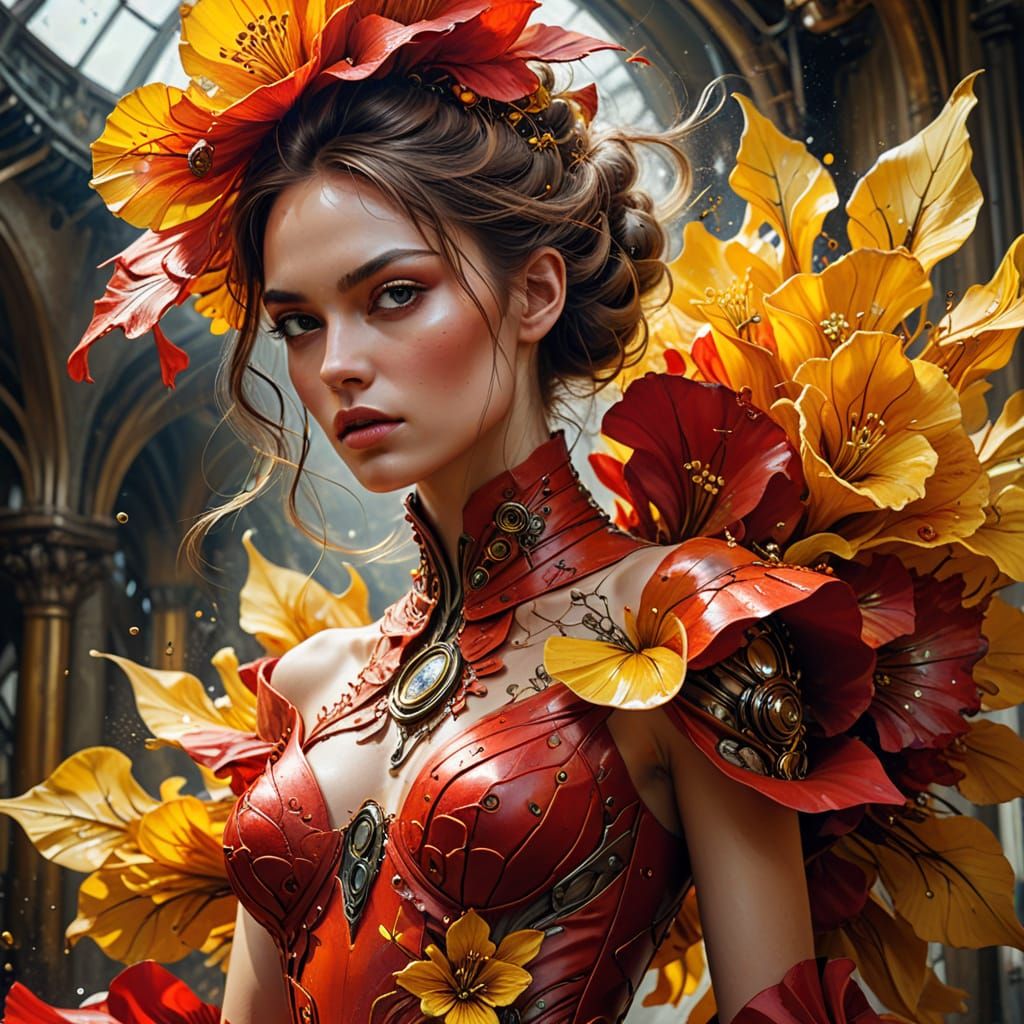 Steampunk Flower Petals with Model in Red Dress