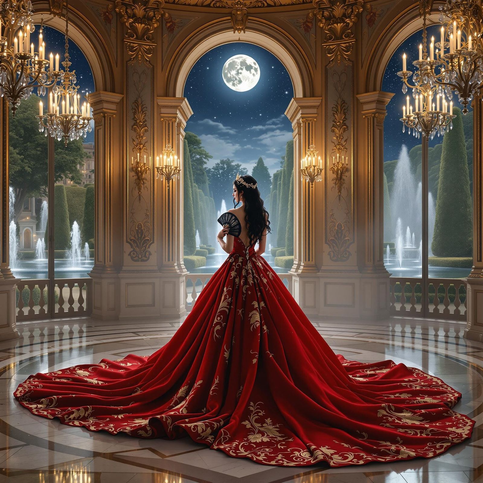 Elegant Woman in Baroque Palace Ballroom