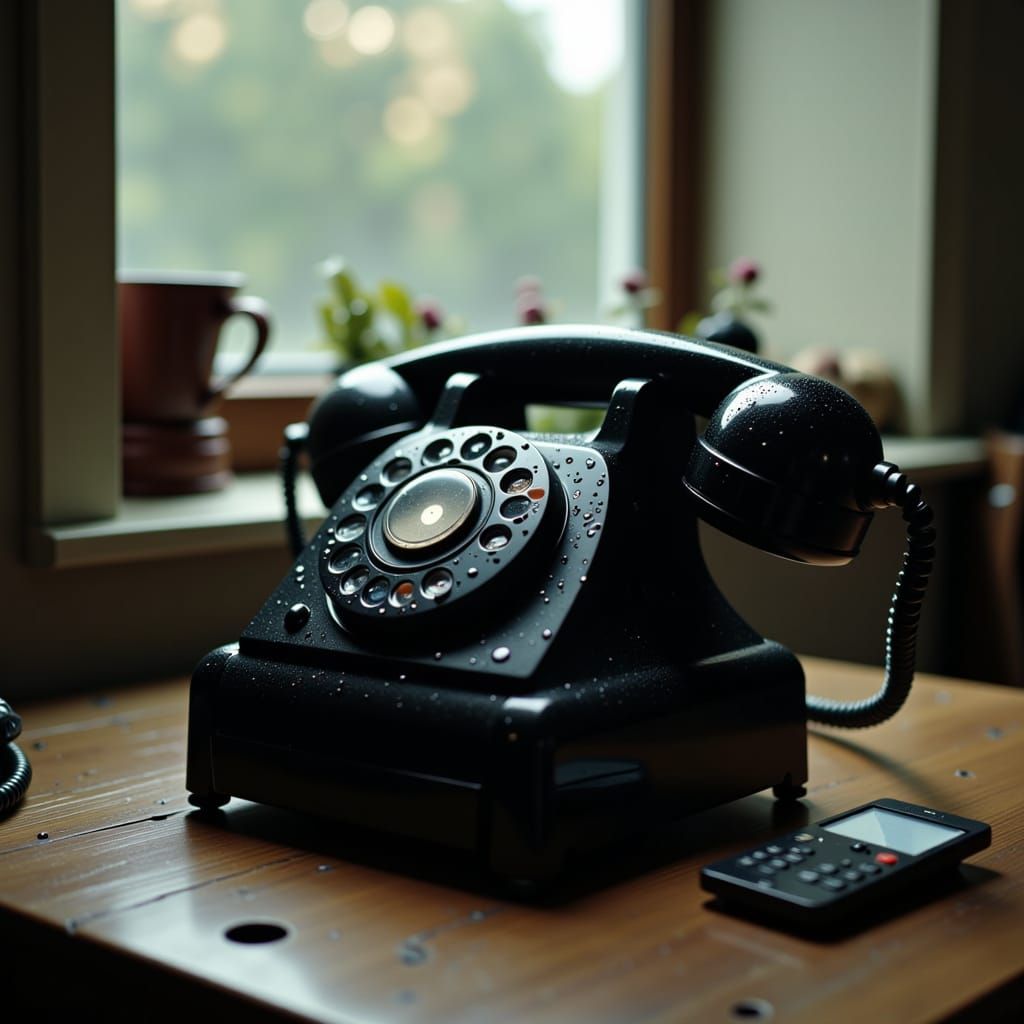 Vintage Rotary Phone with Dew Drops, Hyperrealistic Photo