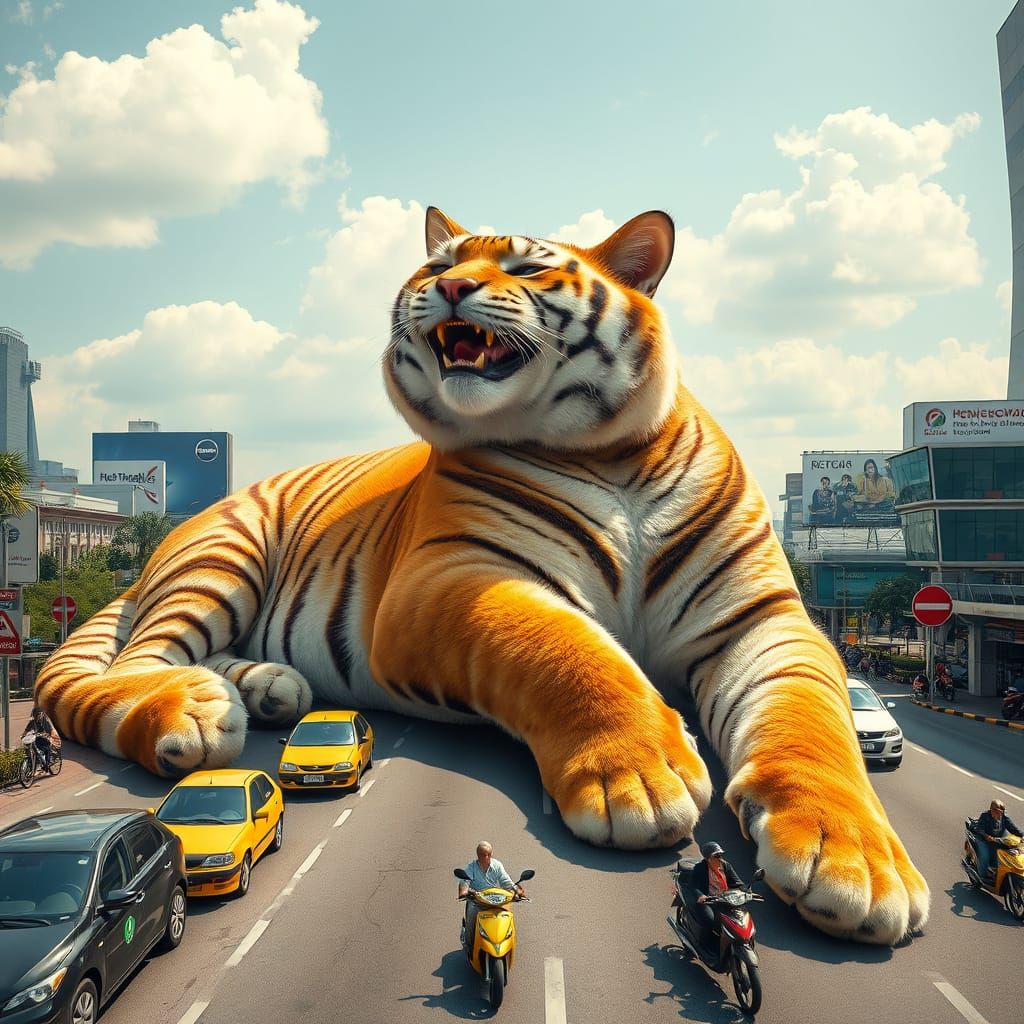 Giant Tabby Cat Lounging in Singapore Street