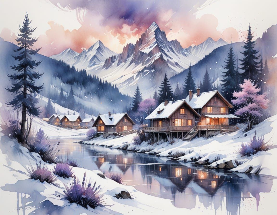 Winter Alpine Village at Dusk: Watercolor Dreamscape