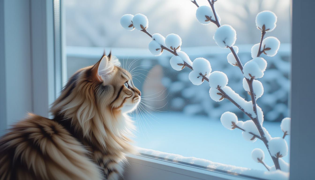 Fluffy Cat Gazes at Snowy Yard Through Frosty Window