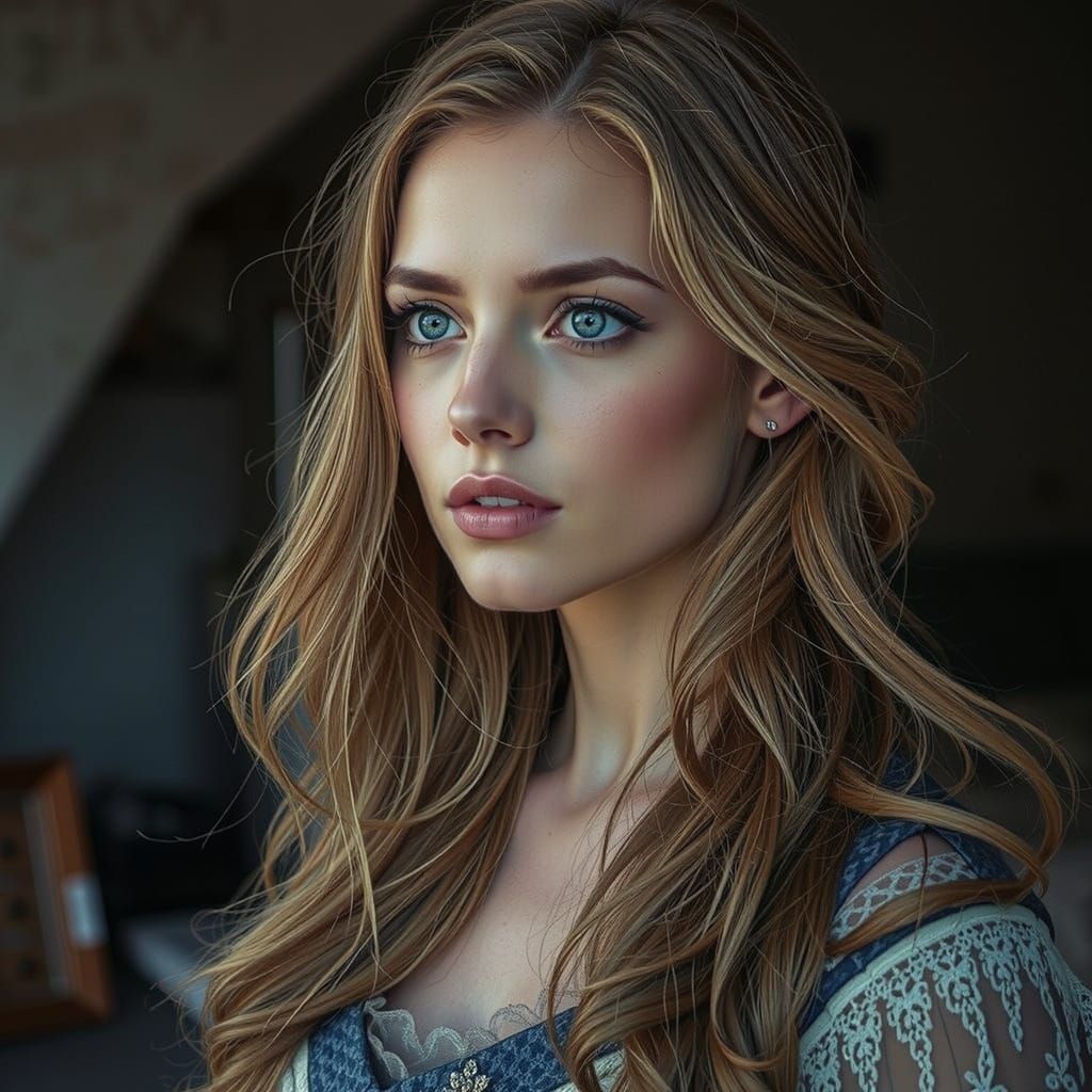 Melancholic Woman with Honey Hair in Art Nouveau Style