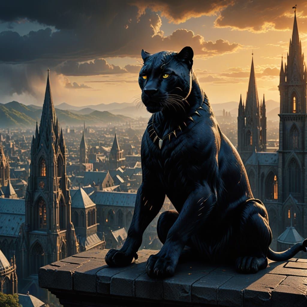 Regal Black Panther Overlooks Gothic City at Twilight