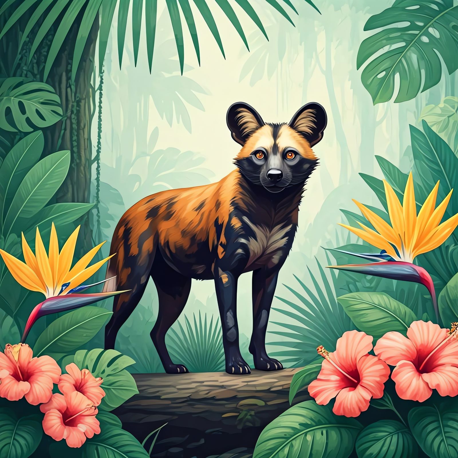 Bush Dog in Tropical Forest, Pastel Watercolor Art