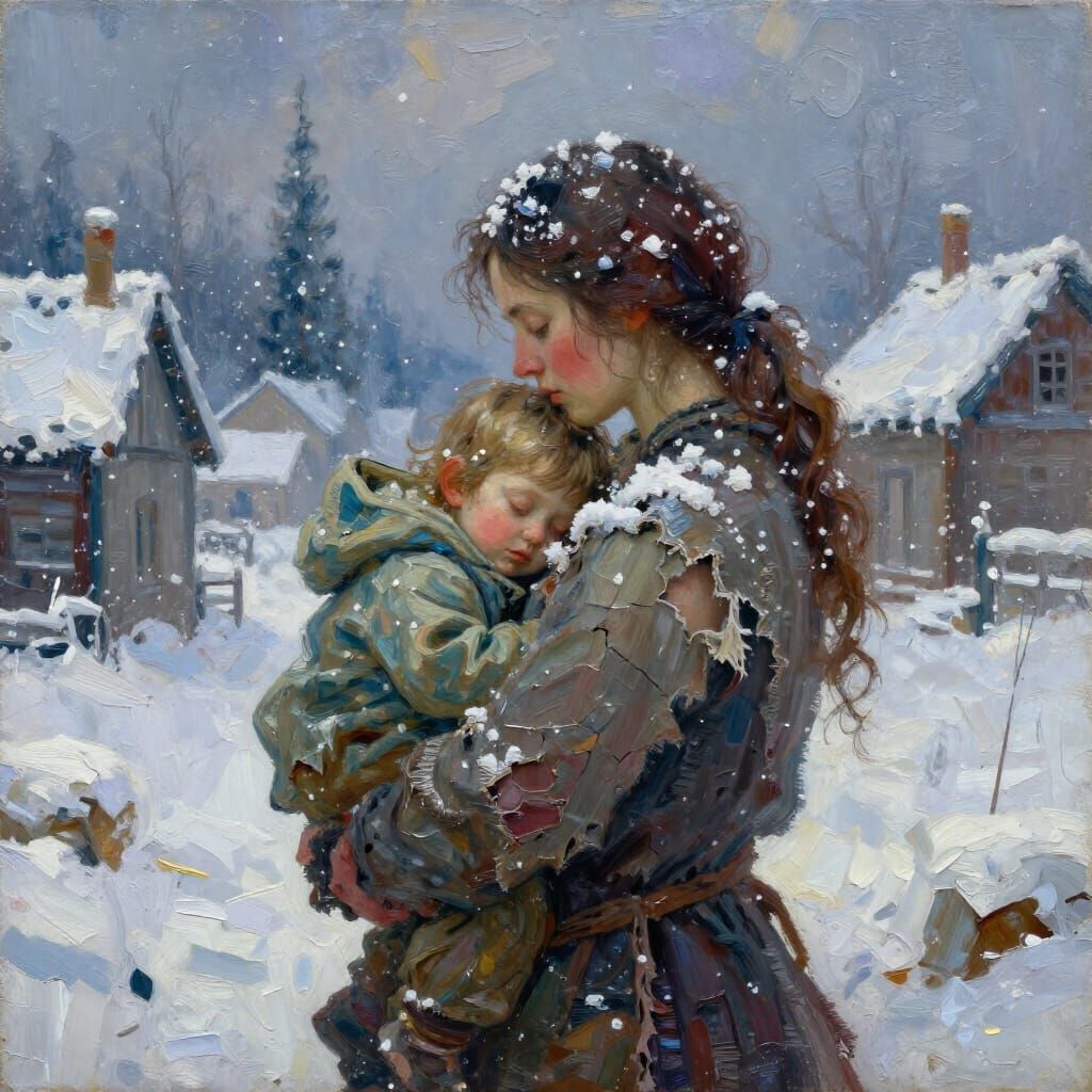 Surreal Mother Holds Child in Snowy Fantasy Town