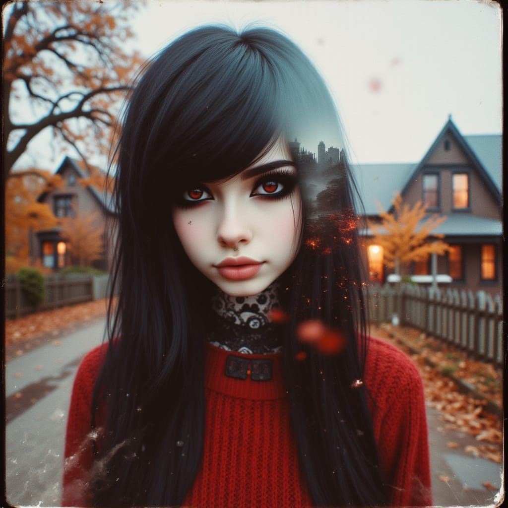 Emo Woman and Autumn Town Double Exposure