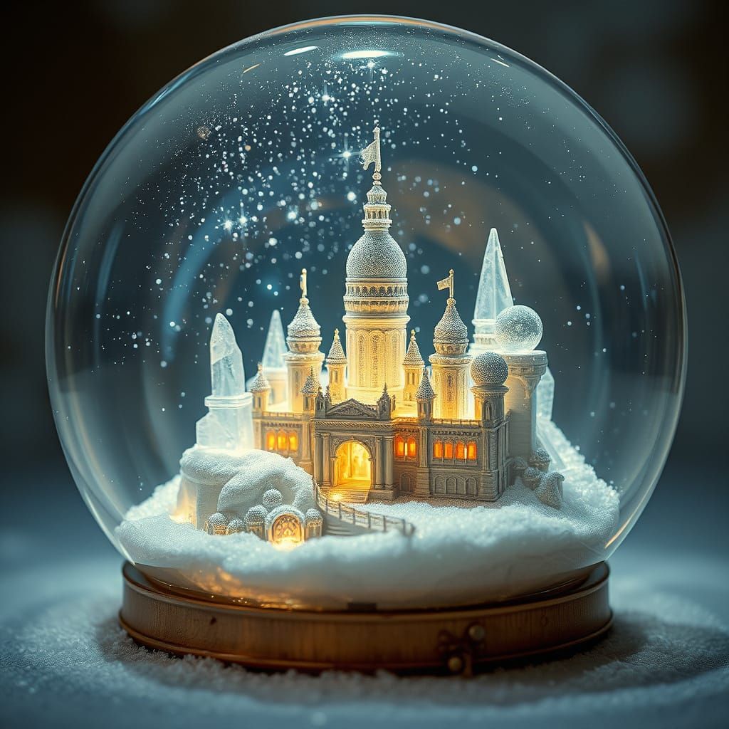Crystal City in Ethereal Snow Globe, Shimmering with Pure Li...