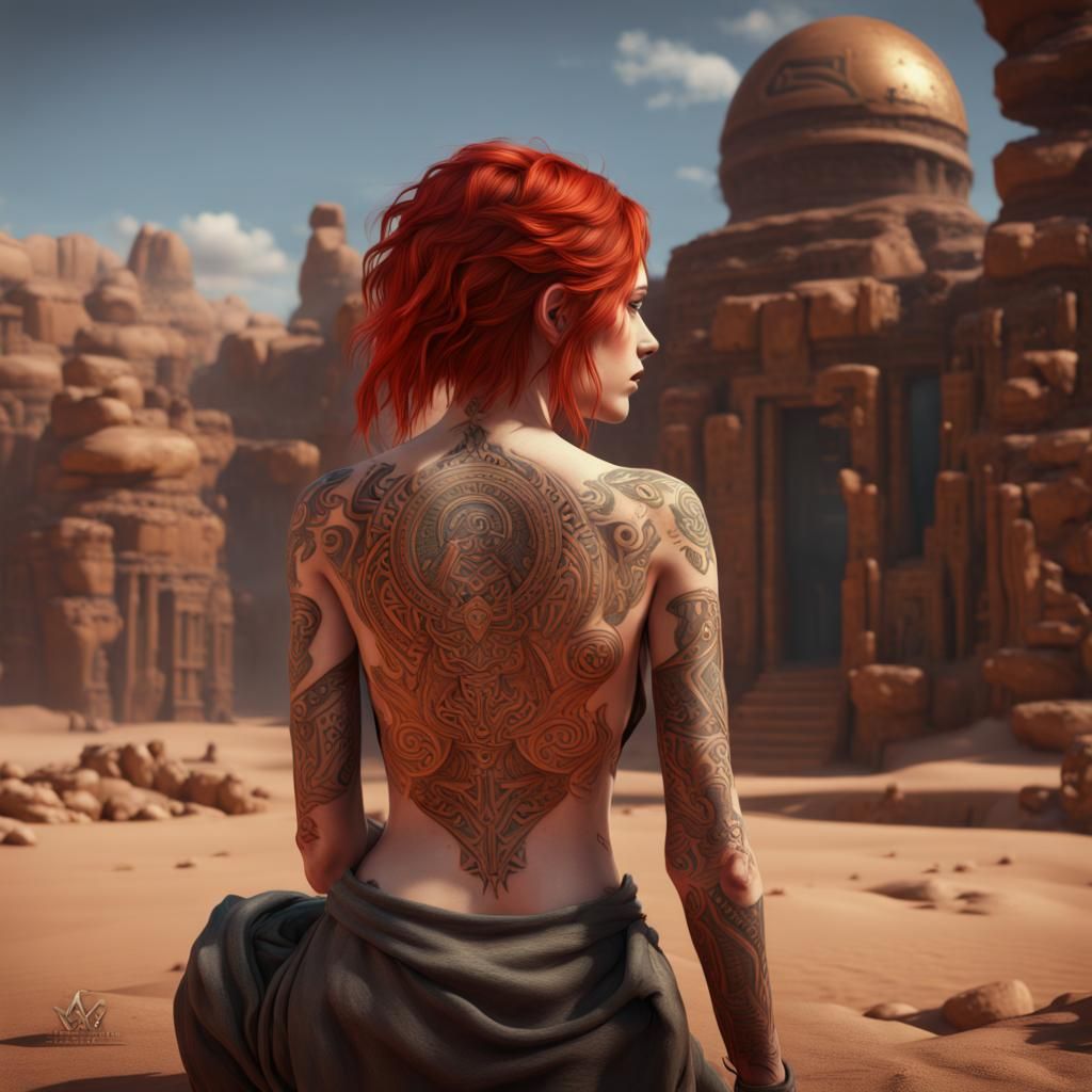 Redhead Girl with Egyptian Glyphs: Fantasy Art