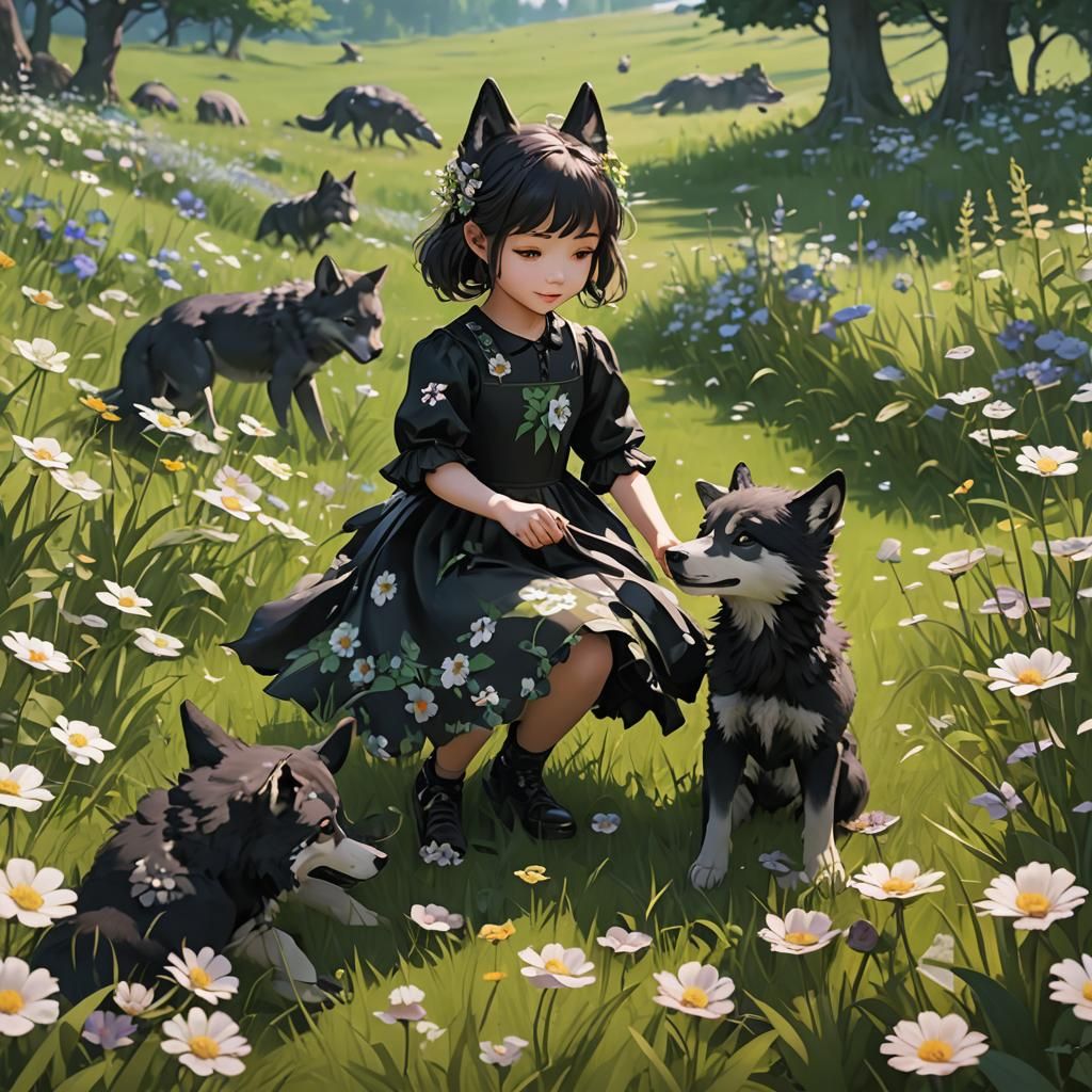 Girl and Wolf Pup in Anime Style Meadow