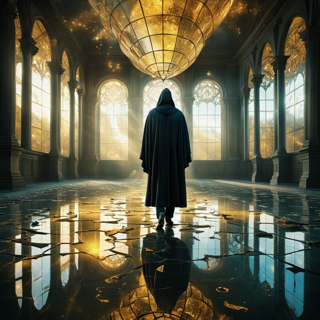 Cloaked Figure in Hall of Mirrors, Surreal Art