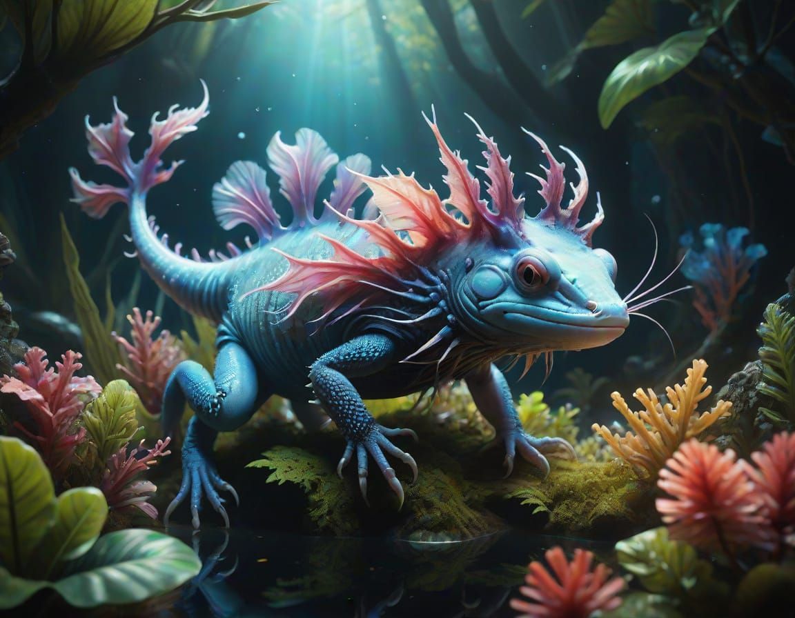 Hyperrealistic Axolotl Tenderly Holds Its Baby in an Underwa...