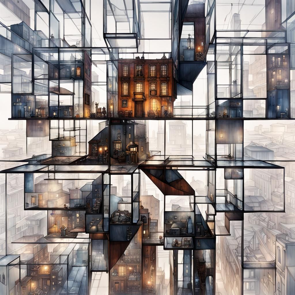 Futuristic Steampunk City in Glass Cube