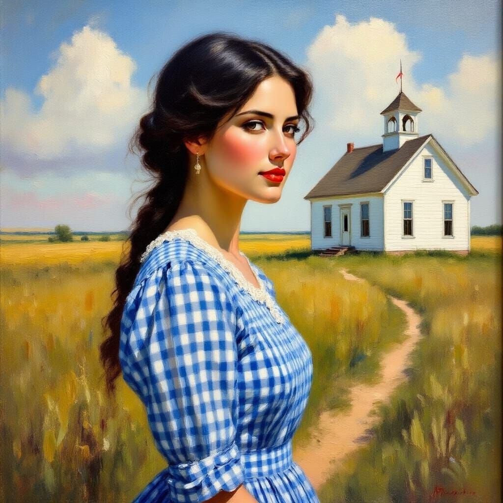 Woman in Blue Dress at Kansas Schoolhouse - Impressionist Oi...