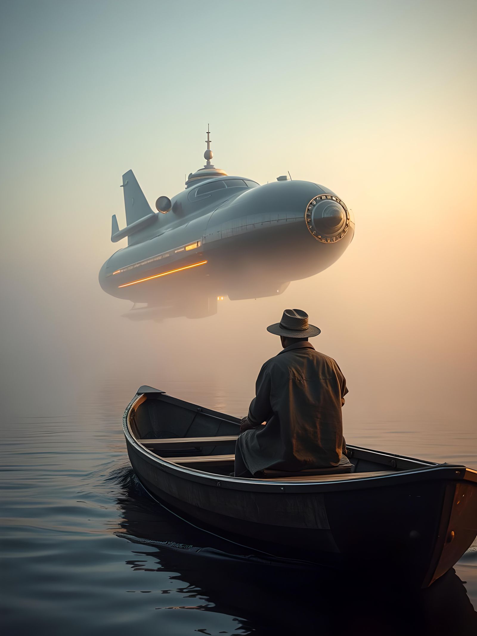 Retro Spaceship Over Fisherman: Cinematic Digital Art