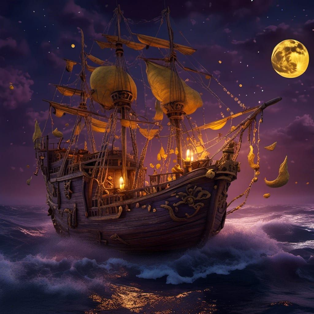 Full Moon Illuminates Ship at Sea in Fantasy Art