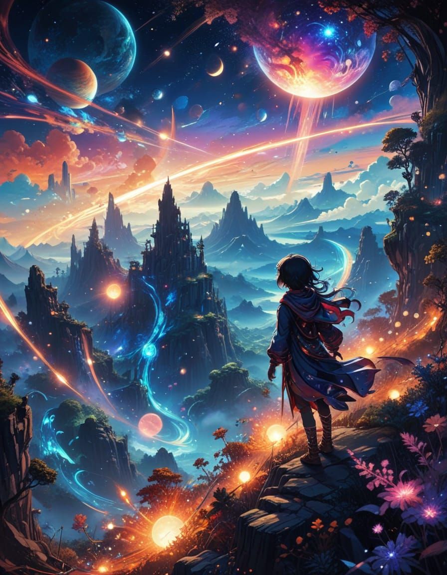 Anime-Inspired Cosmic Dreamscapes in Vibrant, Glowing Staine...