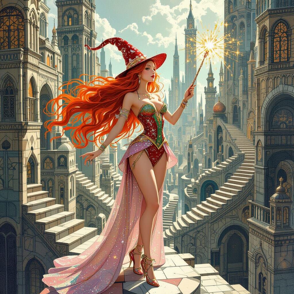 Fantasy Wizard Woman in Escher City, Digital Art