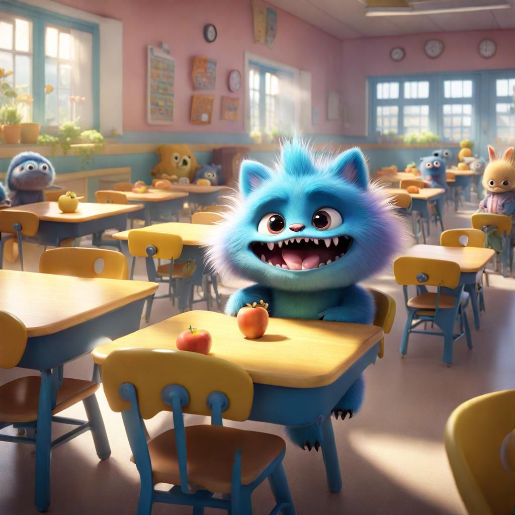 Shy Chibi Monster Enters School Cafeteria, Digital Art