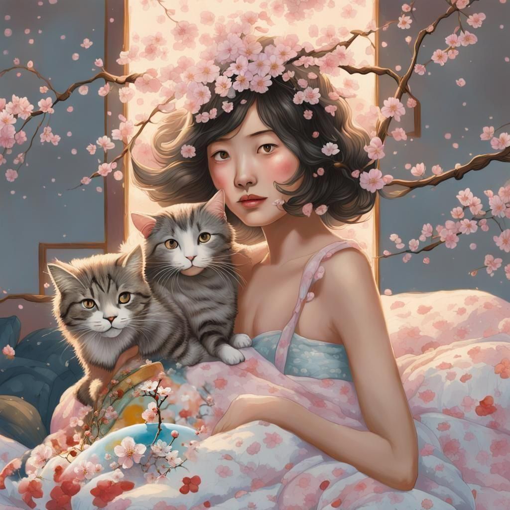 Cherry Blossom Bouquet in Whimsical Digital Art Style