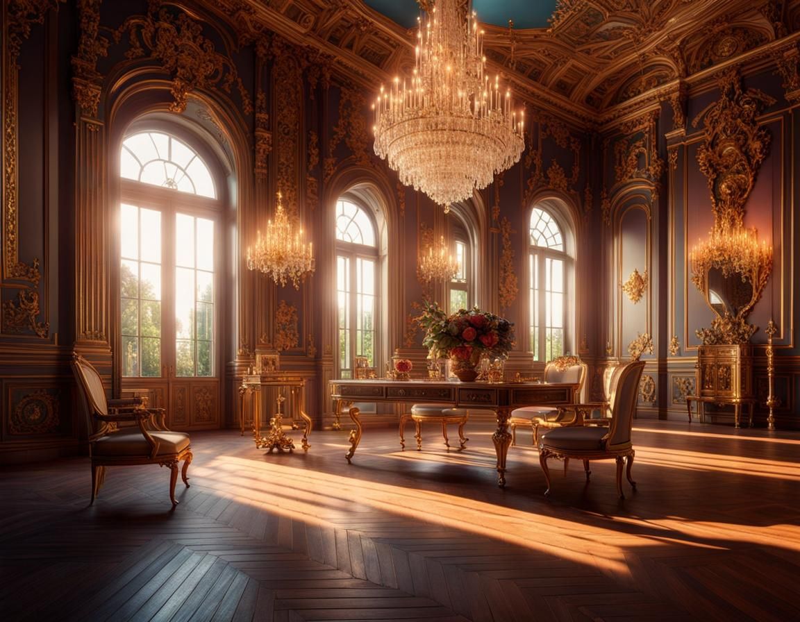 Maximalist Rococo Palace Interior at Magic Hour