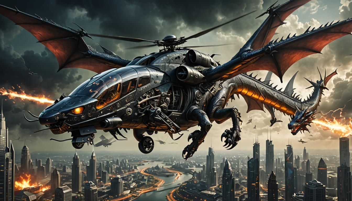 Fantasy Dragon Helicopter Hybrid on Sinister Background