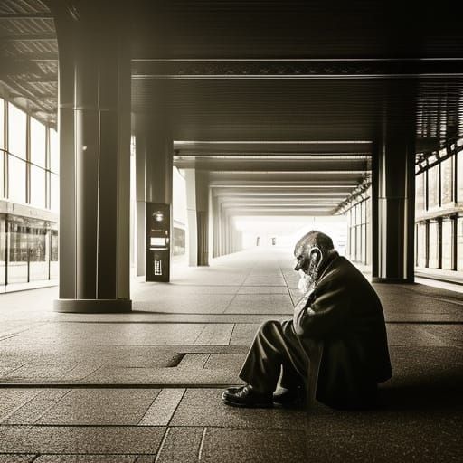 Emotional Portrait of an Old Man in Train Station