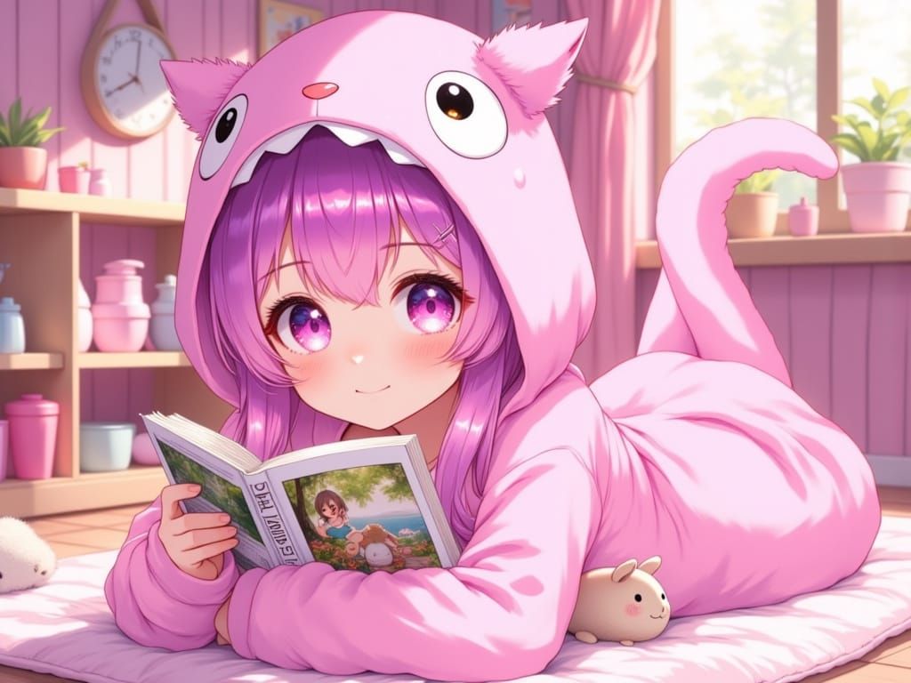 Semi-Realistic Anime Girl in Pastel Pink Bedroom Reading Man...