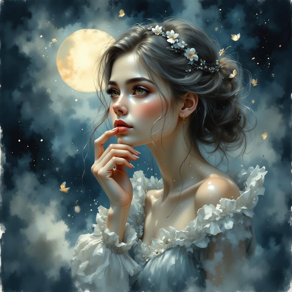 Cloud Sprite Lost in Thought Under Moonlight
