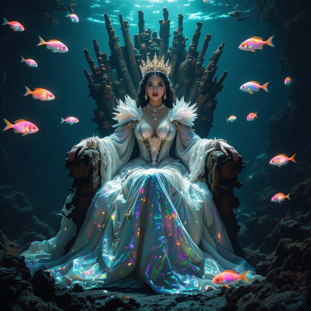 Bioluminescent Queen on Shipwreck Throne in Abyssal Depths