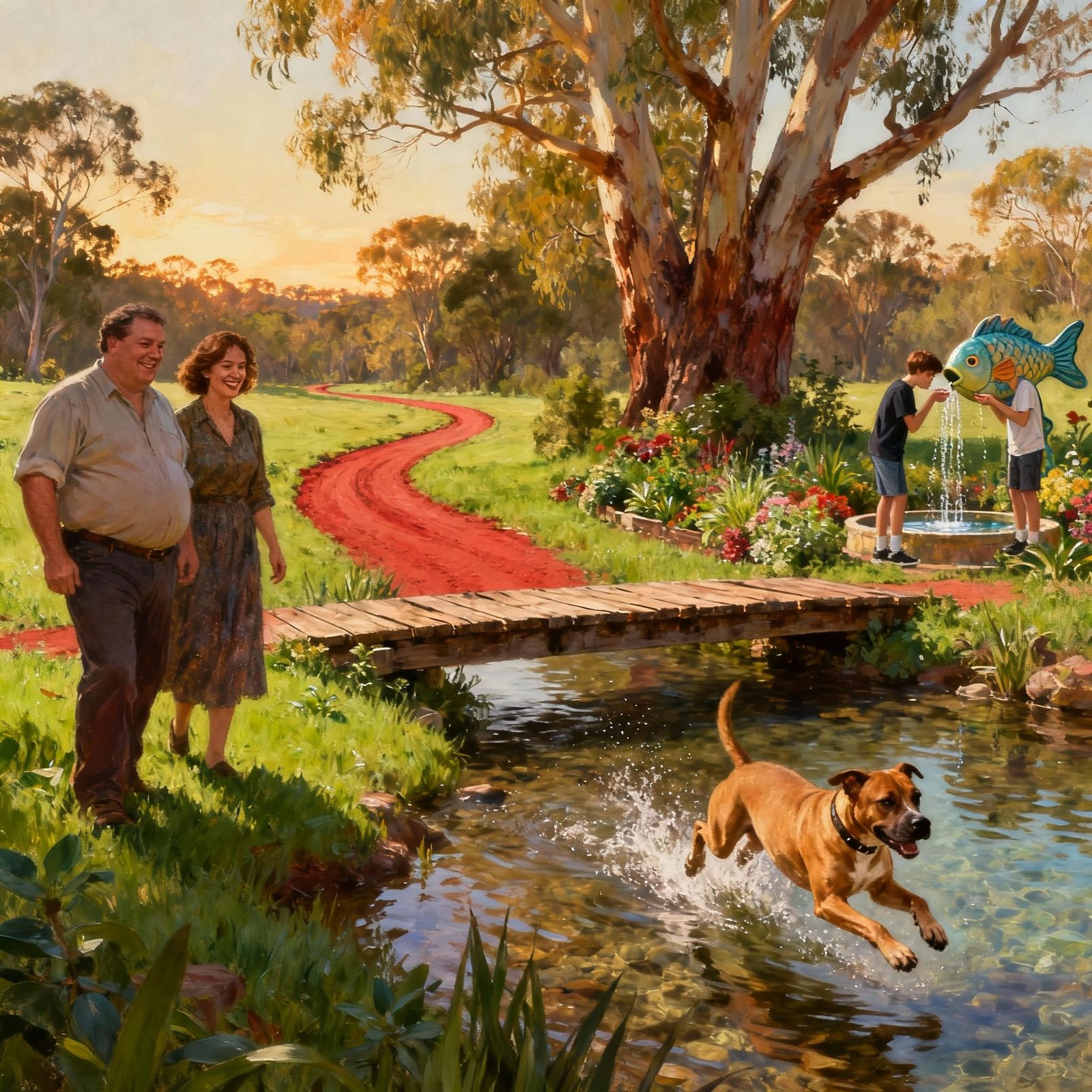 Joyful Dog Leaps in Stream Beside Family in Gum Tree Gardens