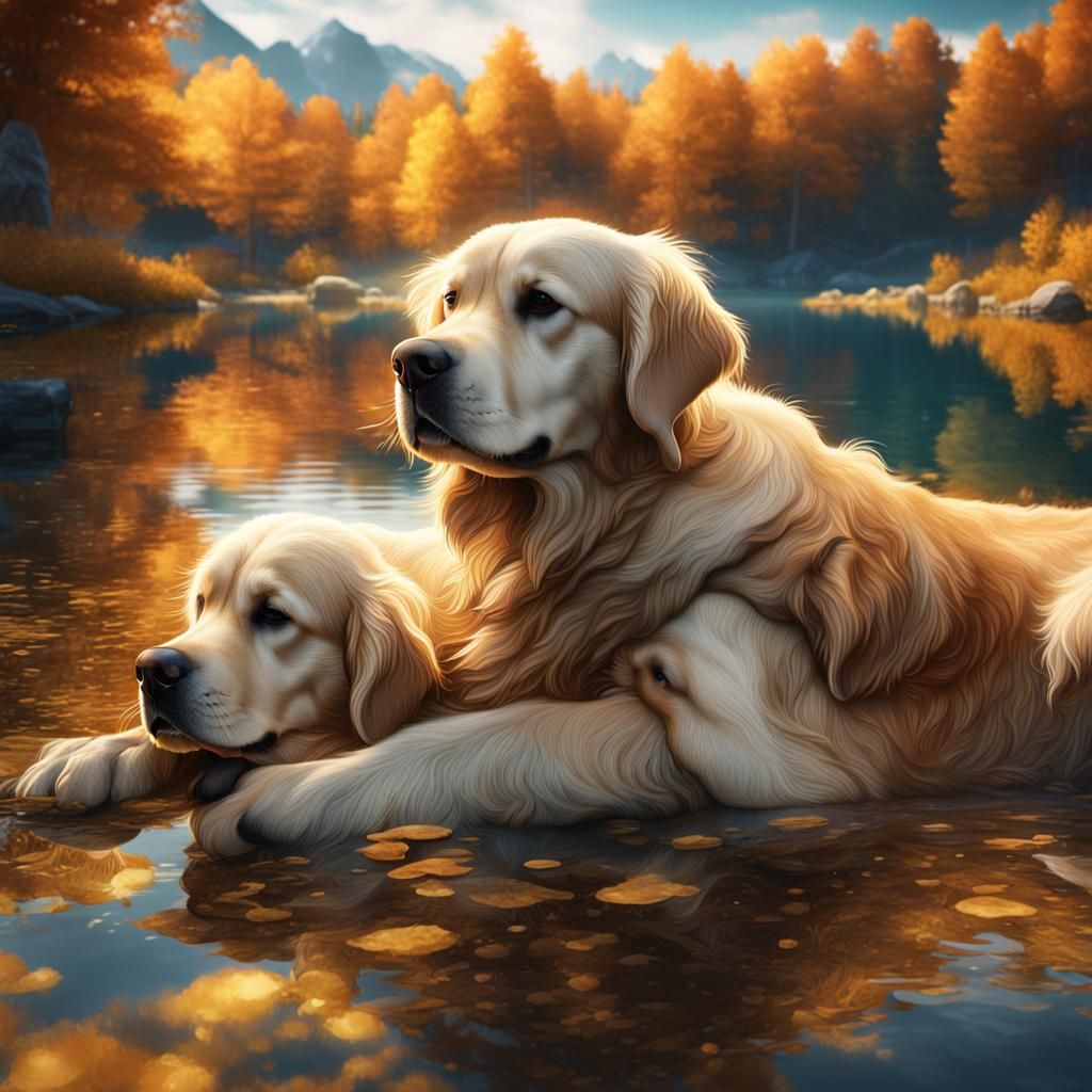 Golden Retrievers Cuddling by Crystal Lake: Fantasy Art