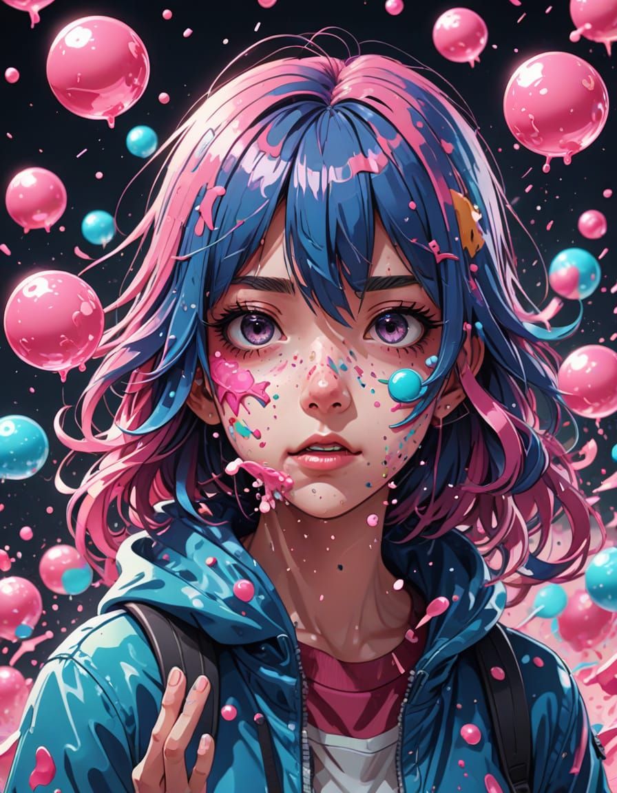 Anime-Inspired Girl Covered in Vibrant Bubblegum Splatter