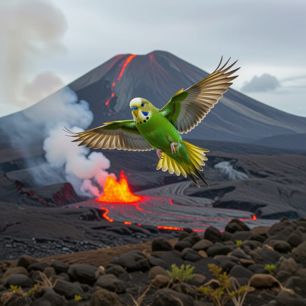 Budgerigar Flies Over Erupting Lava Volcano