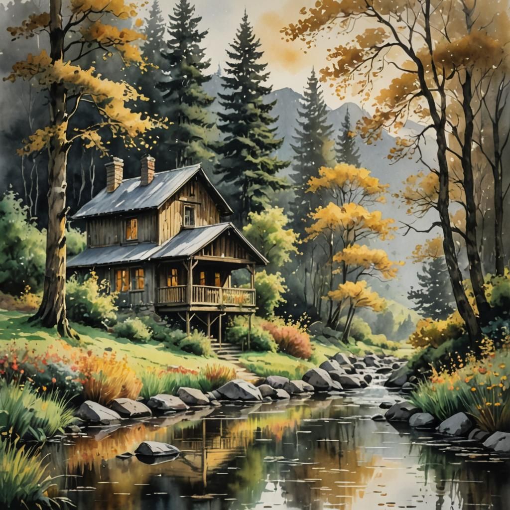 Rustic Cabin in Forest, Impressionist Watercolor