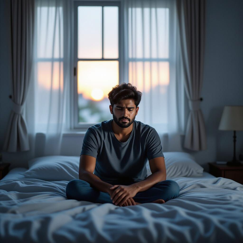Man Lost in Thought at Dawn in South Indian Bedroom