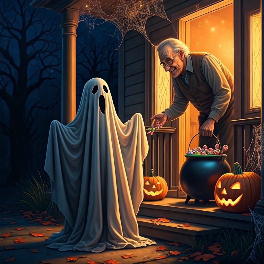 Boy in Ghost Costume Trick-or-Treating