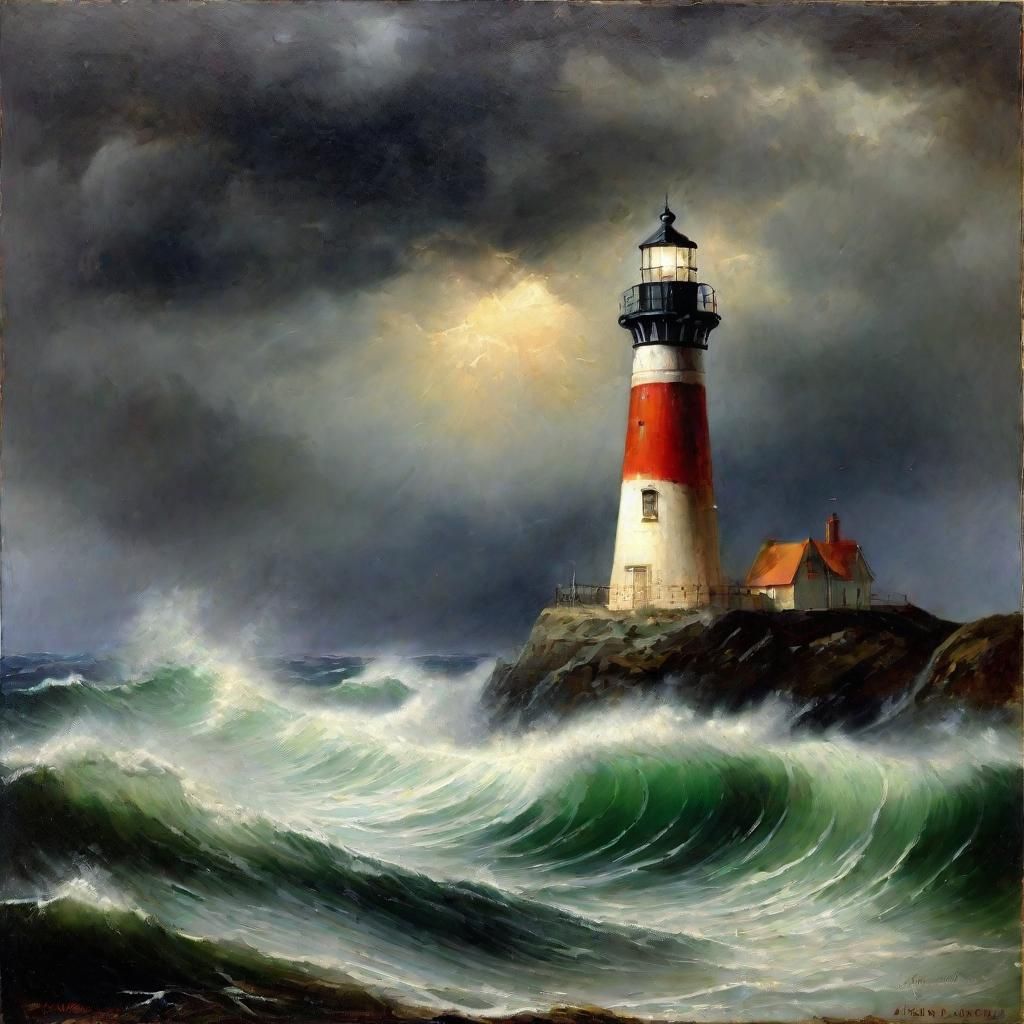 Lighthouse in Storm: Oil Painting of 1850