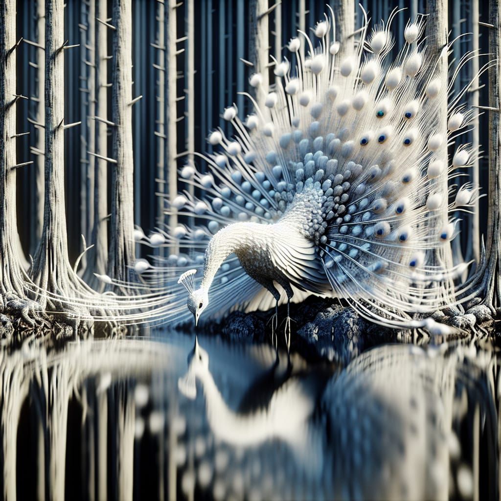 Exotic White Peacock Reflected in Pond: 3D Mixed Media