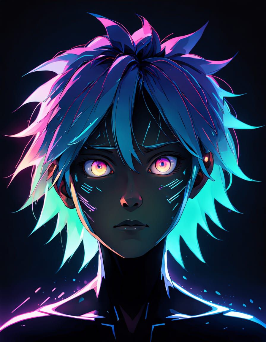 Surreal Anime Portrait with Geometric Features and Neon Hair