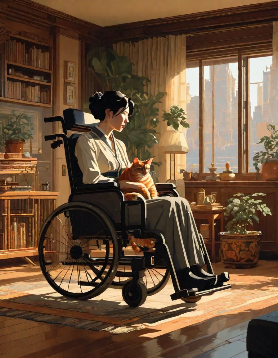 Woman in Wheelchair with Cat, Pixel Art
