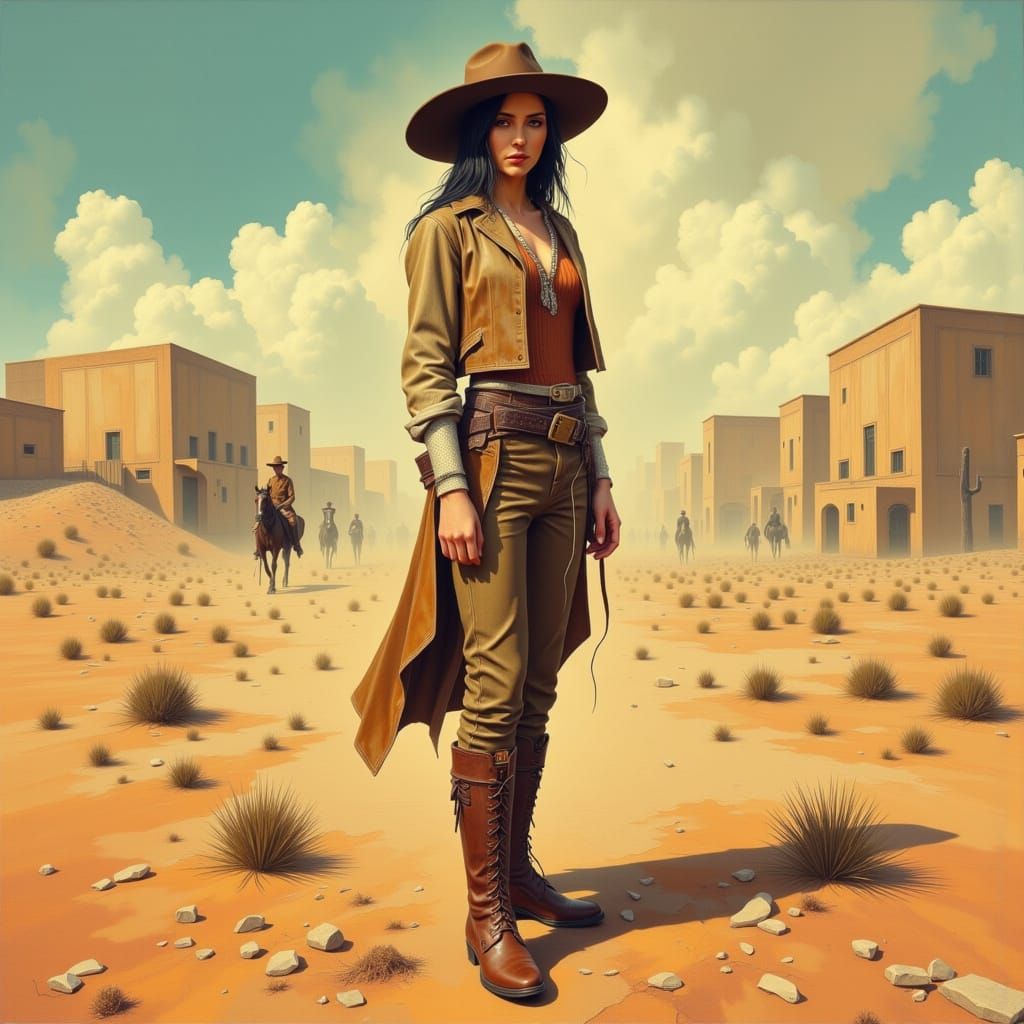Woman in Boots Stepping Forward in Surreal Landscape