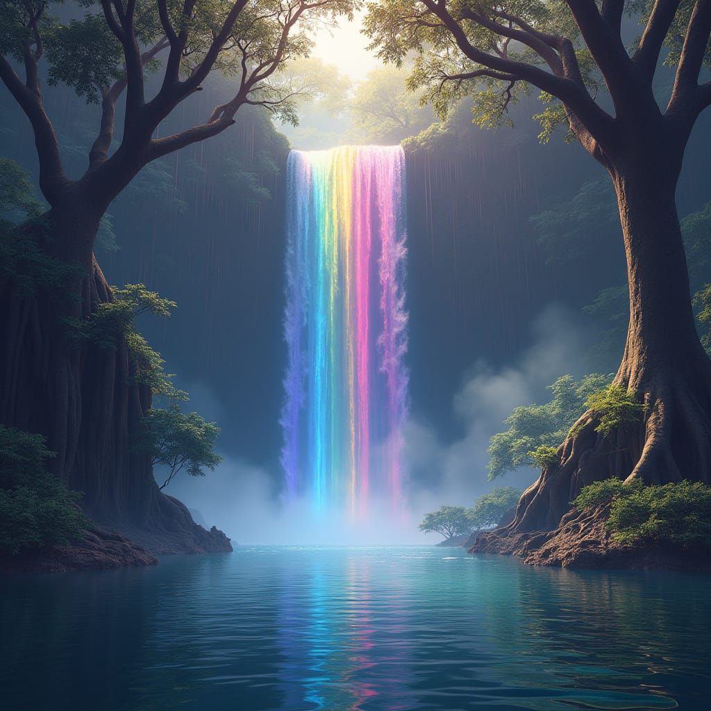 Ethereal Rainbow Falls in Mystical Fantasy Forest