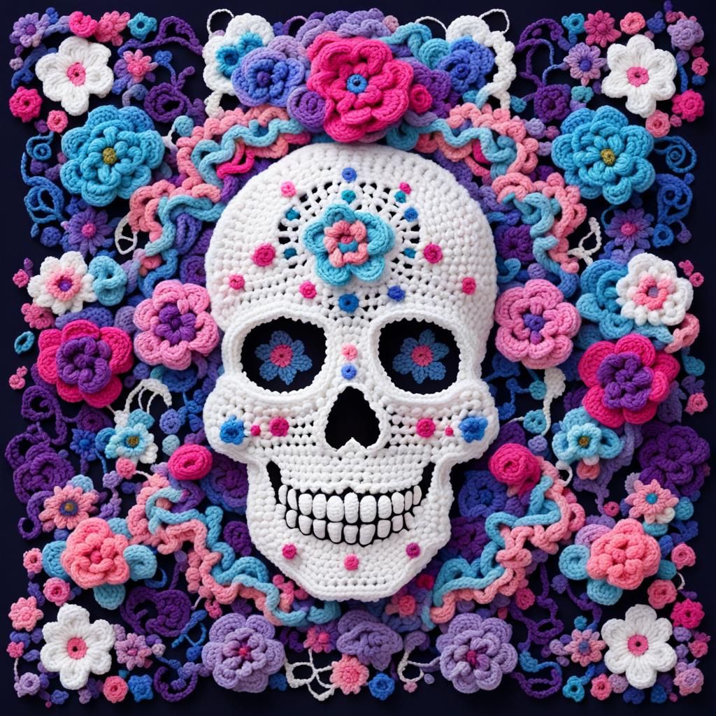Crocheted Sugar Skull Cloud Art in Rococo Style